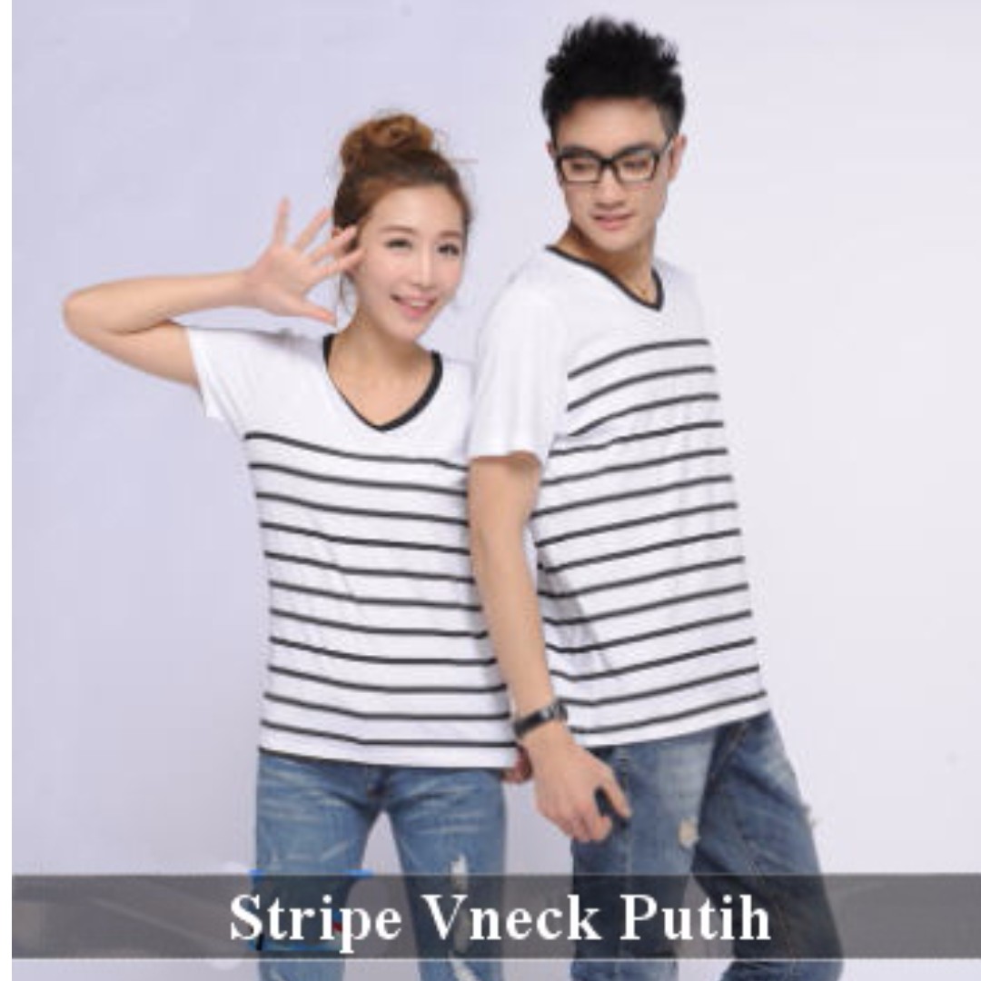 Baju Couple Simple Fashion Couple Keren Stripe Vneck Putih