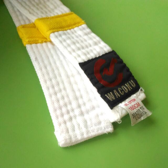 Taekwondo white, white with yellow tip belt, Sports Equipment, Exercise