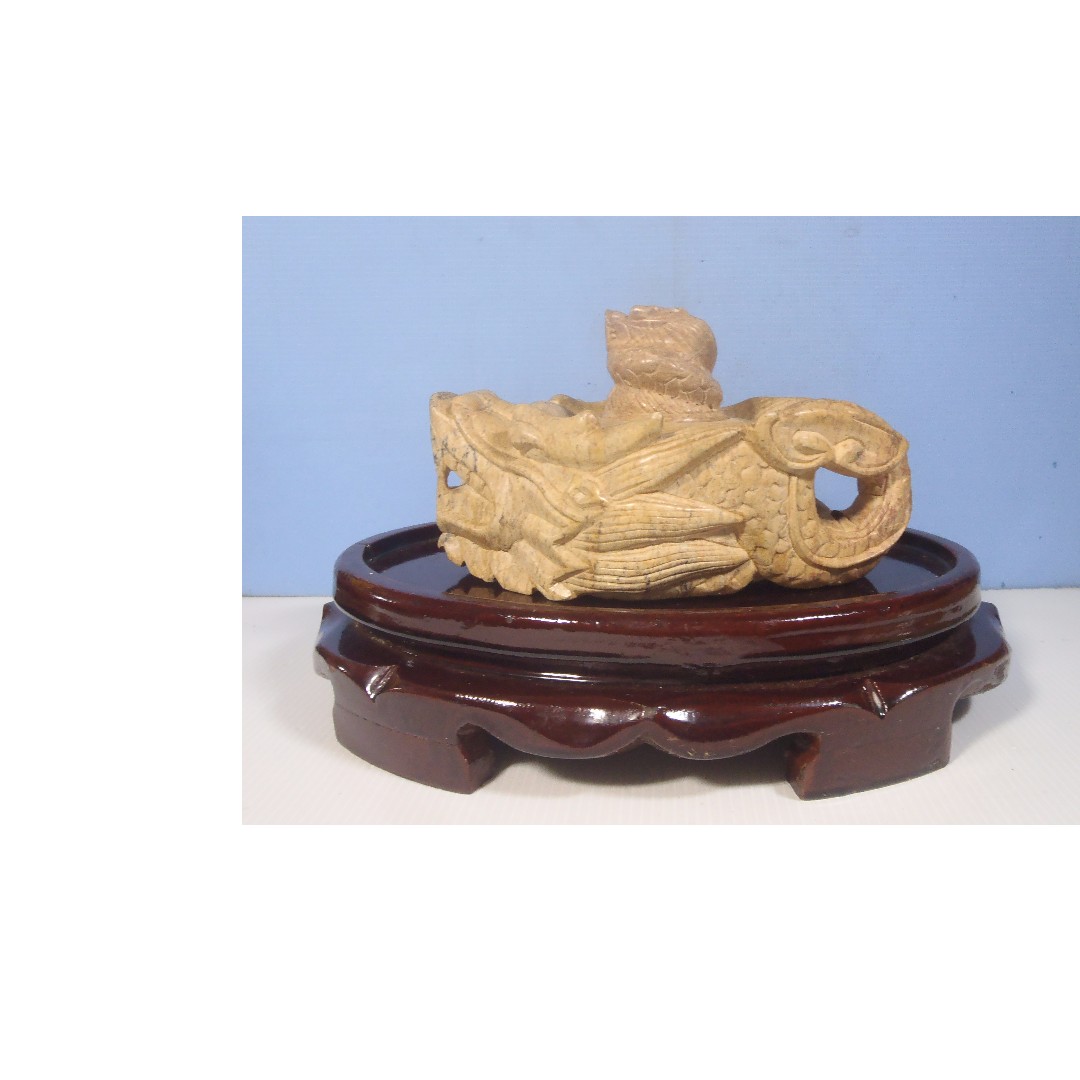 Antique soapstone hand carved teapot rarely seen on display wood stand