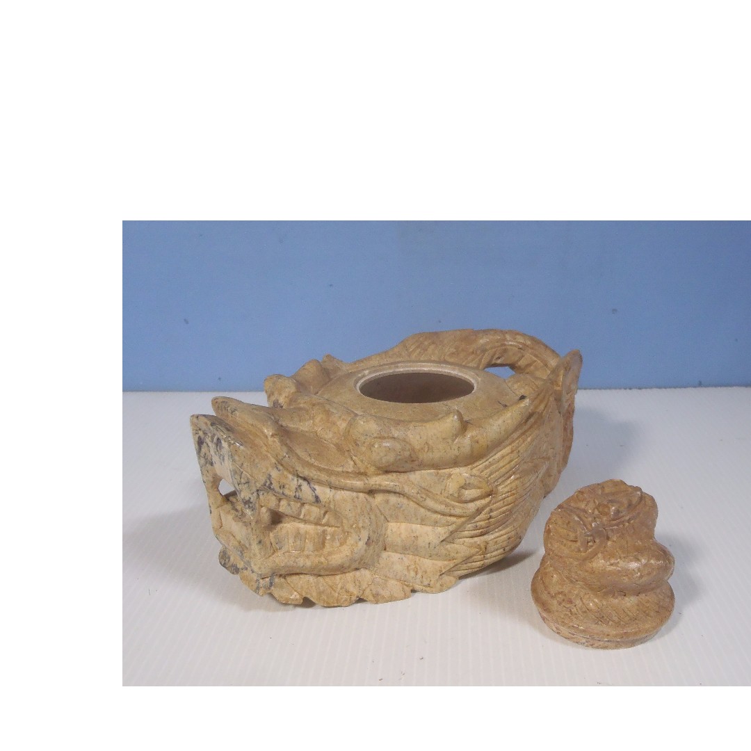 Antique soapstone hand carved teapot rarely seen on display wood stand