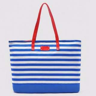 Large Nylon Nautical Blue Stripe Shopping Beach Tote Bag