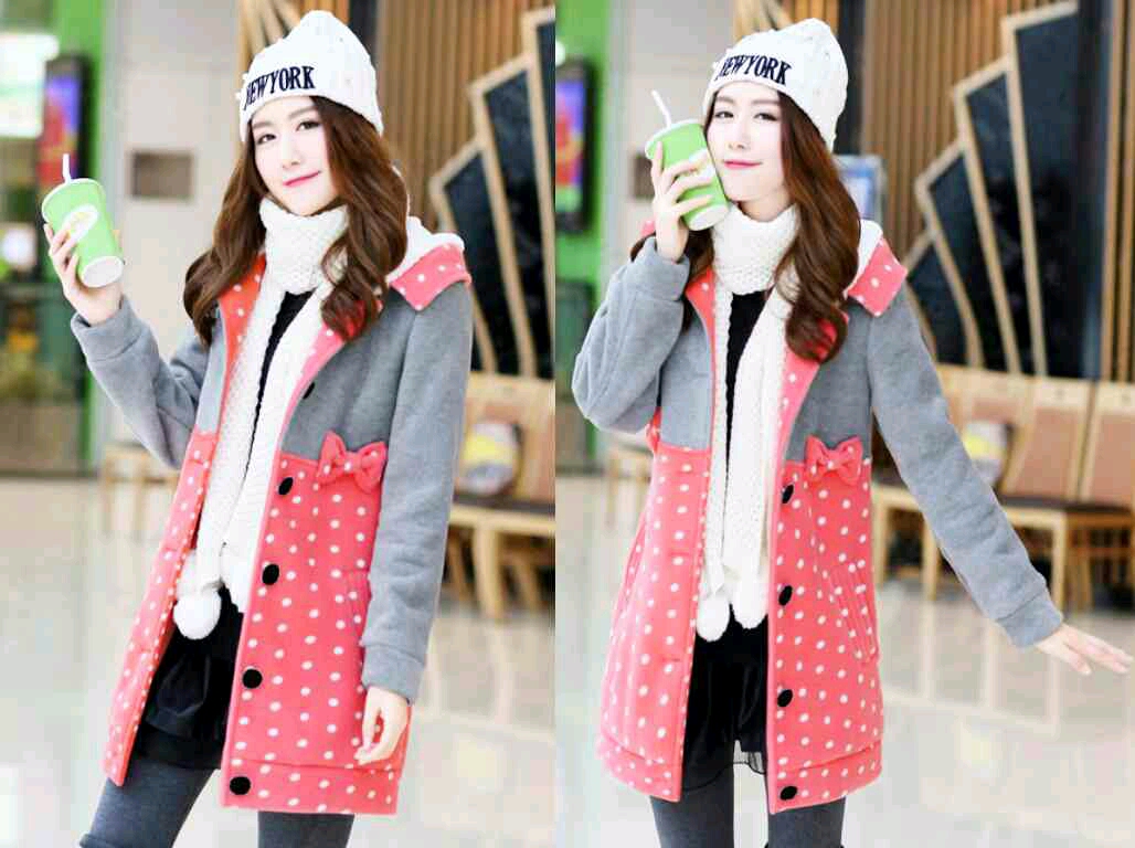 Long Jaket Polka Abu Combi Peach Olshop Fashion Olshop Wanita Di