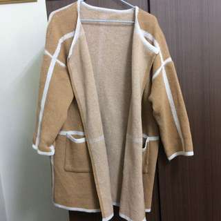 駝色 白條紋 口袋 無扣 外套 #轉轉來換物