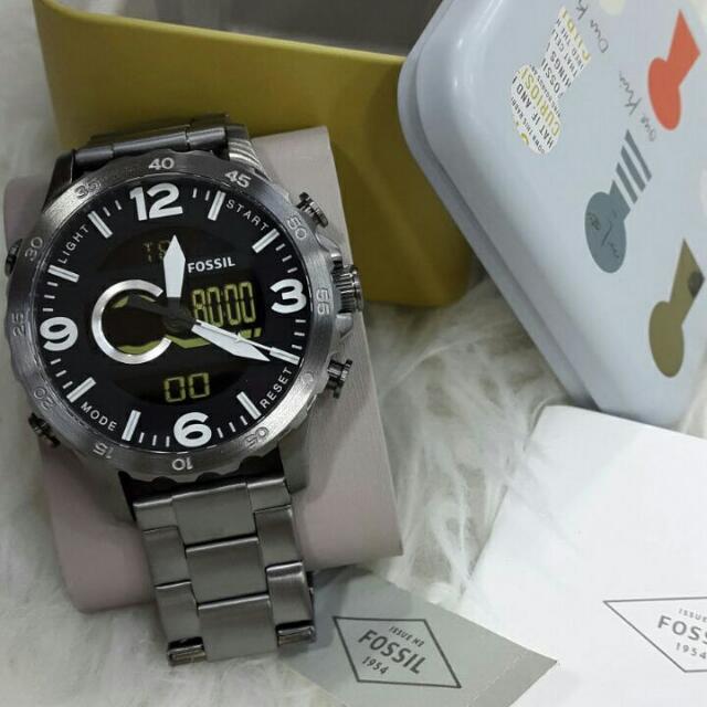 Jam Tangan Pria Fossil JR 1491 Dualtime Silver Grey Rantai Original Murah