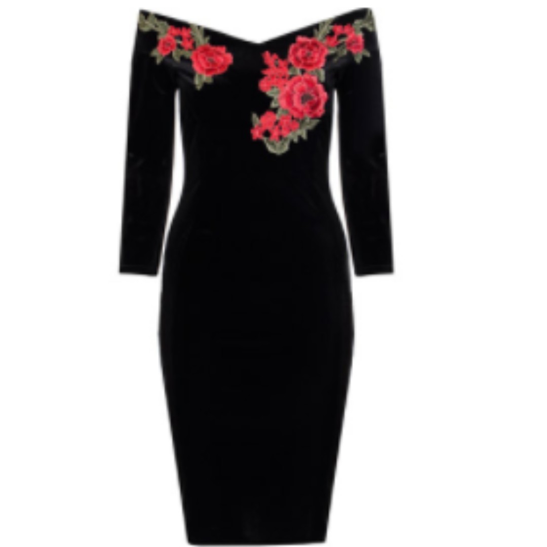 Quiz black velvet bardot dress top