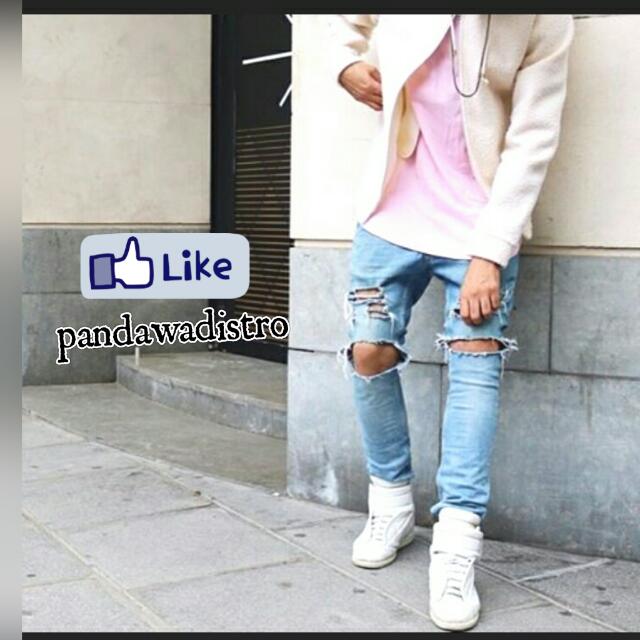 Celana Panjang Celana Jeans Pria Biru Muda Model Sobek, Olshop Fashion, Olshop Pria on Carousell