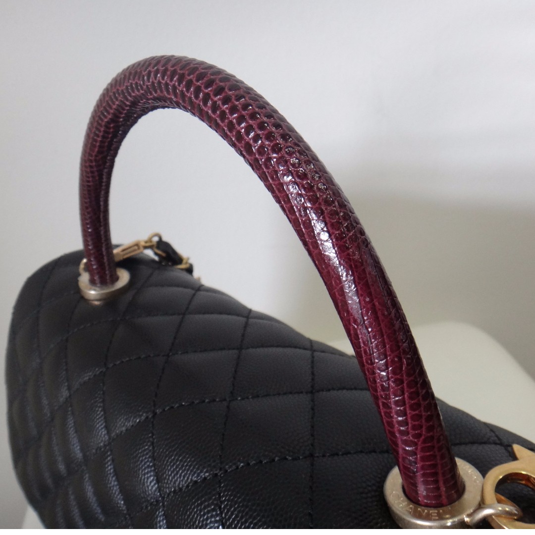 BNIB Chanel Small Coco Handle Bag Black W/ Lizard Skin Handle