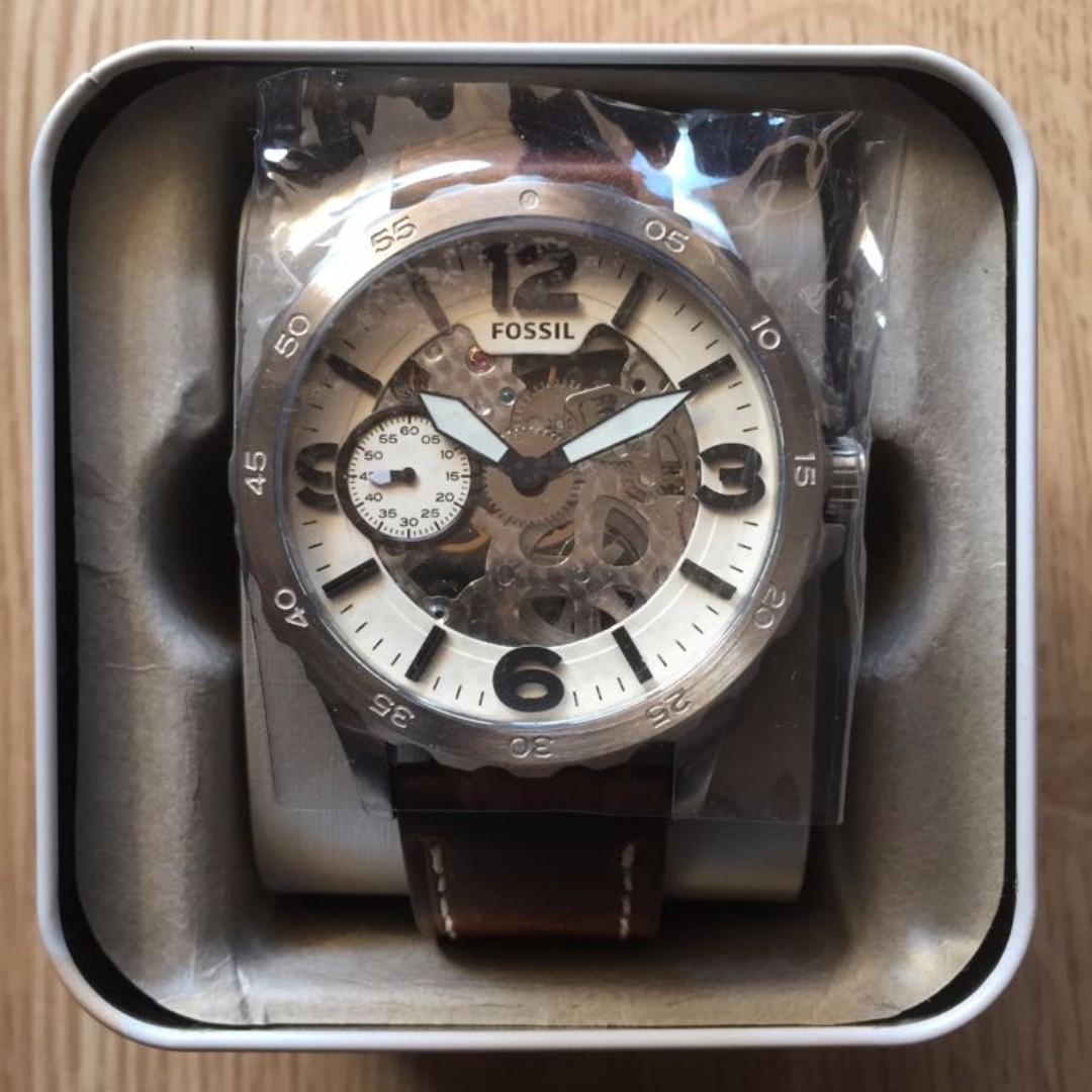 Bnib Fossil 50mm Nate Hand Wound Mechanical Watch Brown Men S