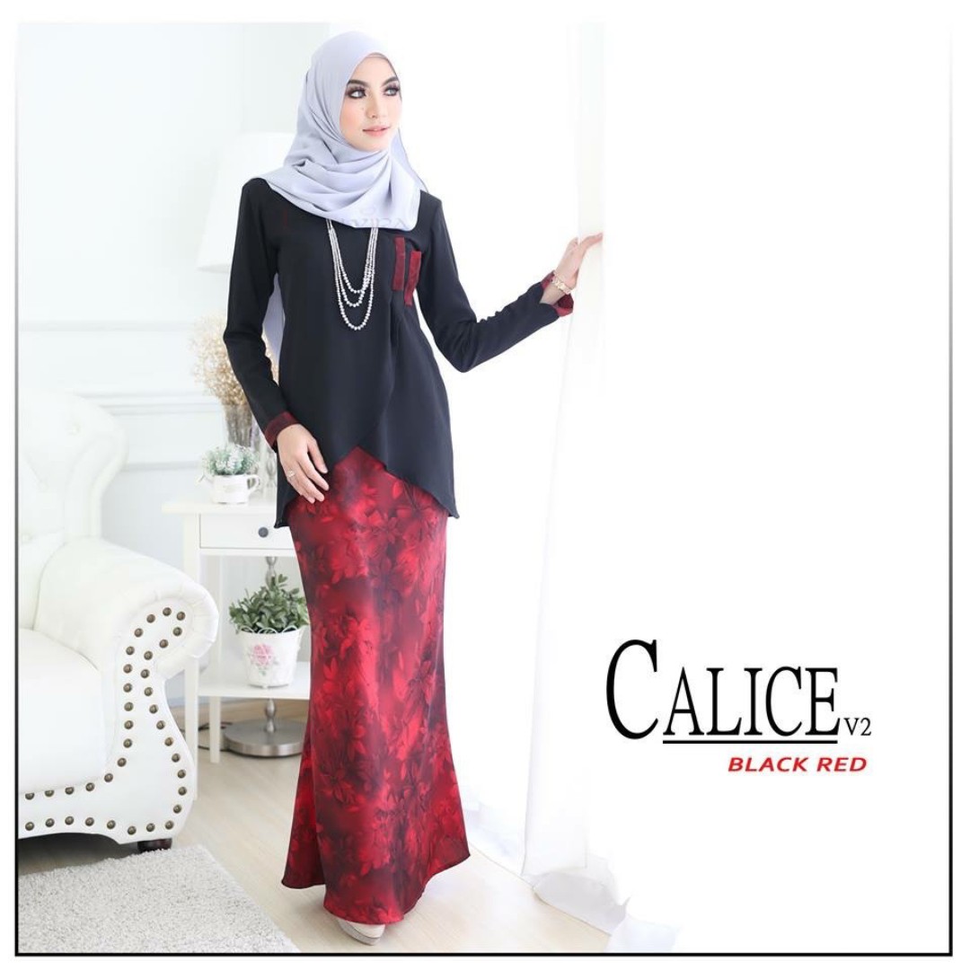  BAJU  KURUNG HITAM MERAH CALICE V2 BLACK RED Fesyen 