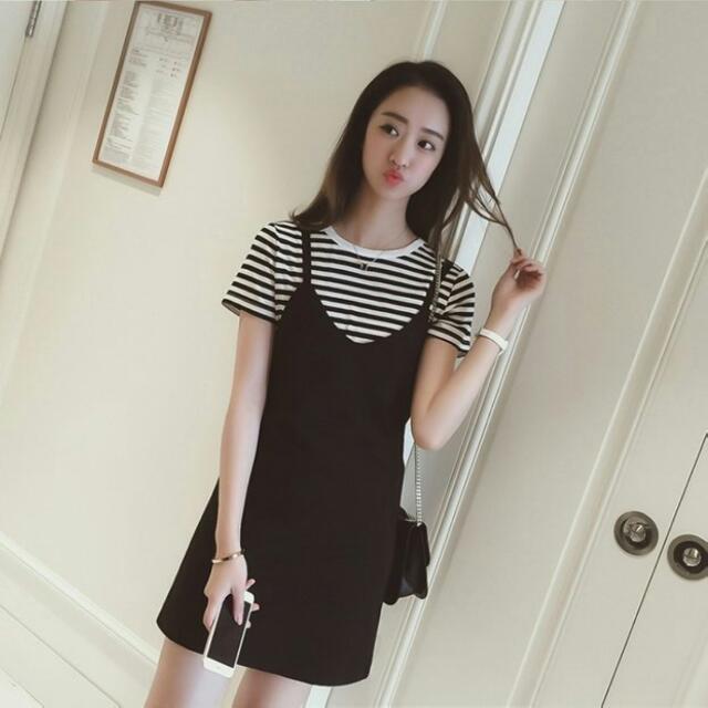 Korean Strap Dress With Stripe Shirt 2 Piece Women S Fashion Tops Sleeveless On Carousell