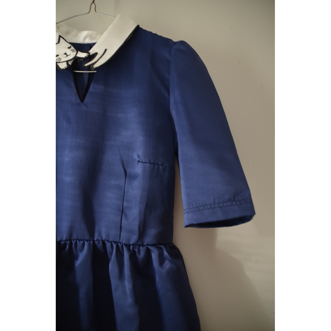 Navy Blue Cat Dress Short Sleeves Satin Finish Mod Cloth Miss