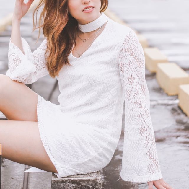 Zalora Love Bell Lace Sleeves Dress in White Women s Fashion Tops Sleeveless on Carousell