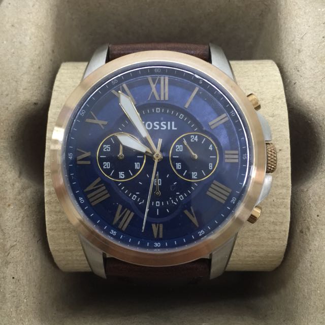 BNIB Fossil Grant Chronograph Blue Dial Dark Brown Leather Watch FS5150
