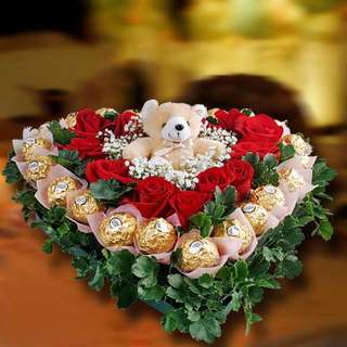 12 Red Roses & 22 Rochers With Bear Table Arrangement