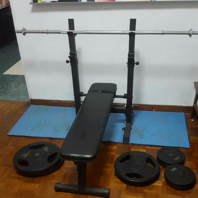 Bench Press Set Workout Bench Barbell 70kg Plates Sports