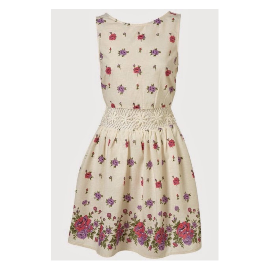 Sale Topshop Cream Floral Print Crochet Waist Summer Dress Frock