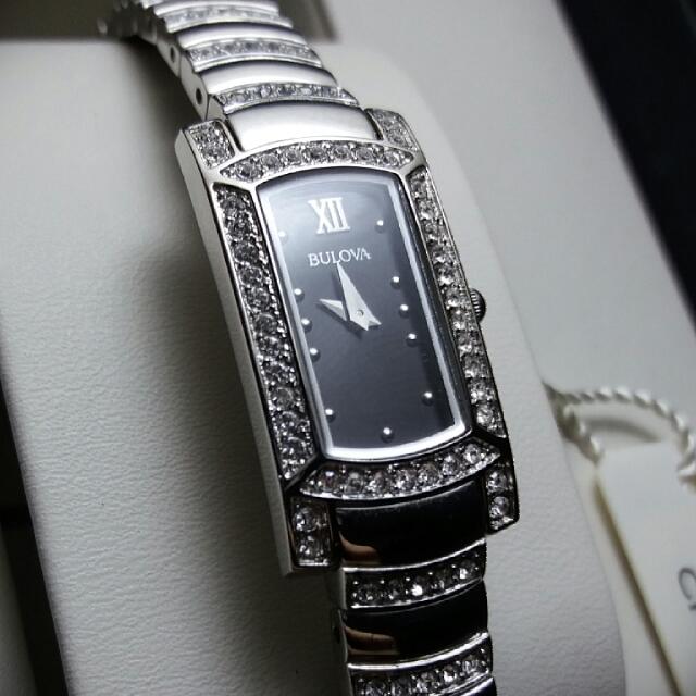 BRANDNEW Bulova Ladies Silvertone Rectangular Case Black Dial Crystal Pave Frame 96L202