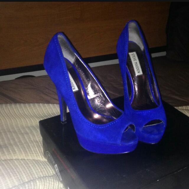 blue suede open toe heels