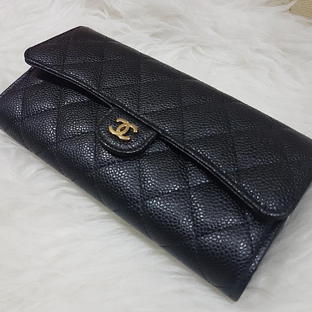 23 Chanel long flap wallet black caviar ghw full set w receipt
