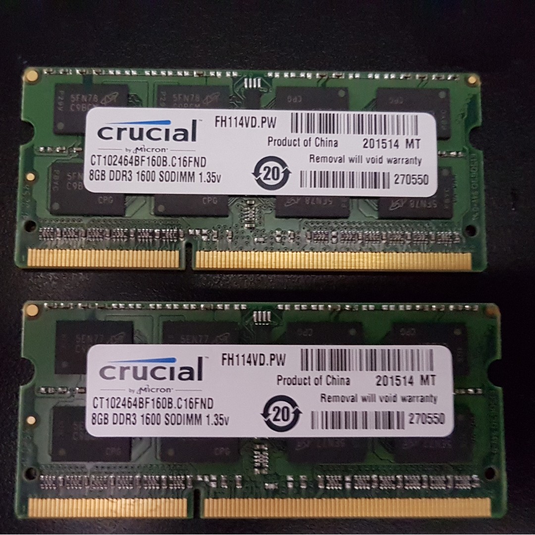 Crucial 16gb Kit 2 X 8gb Ddr3l 1600 Sodimm Electronics Computer Parts Accessories On Carousell
