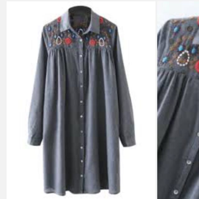 zara grey dress with embroidery