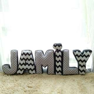 Alphabet Pillow (grey polka alt black white chevron)