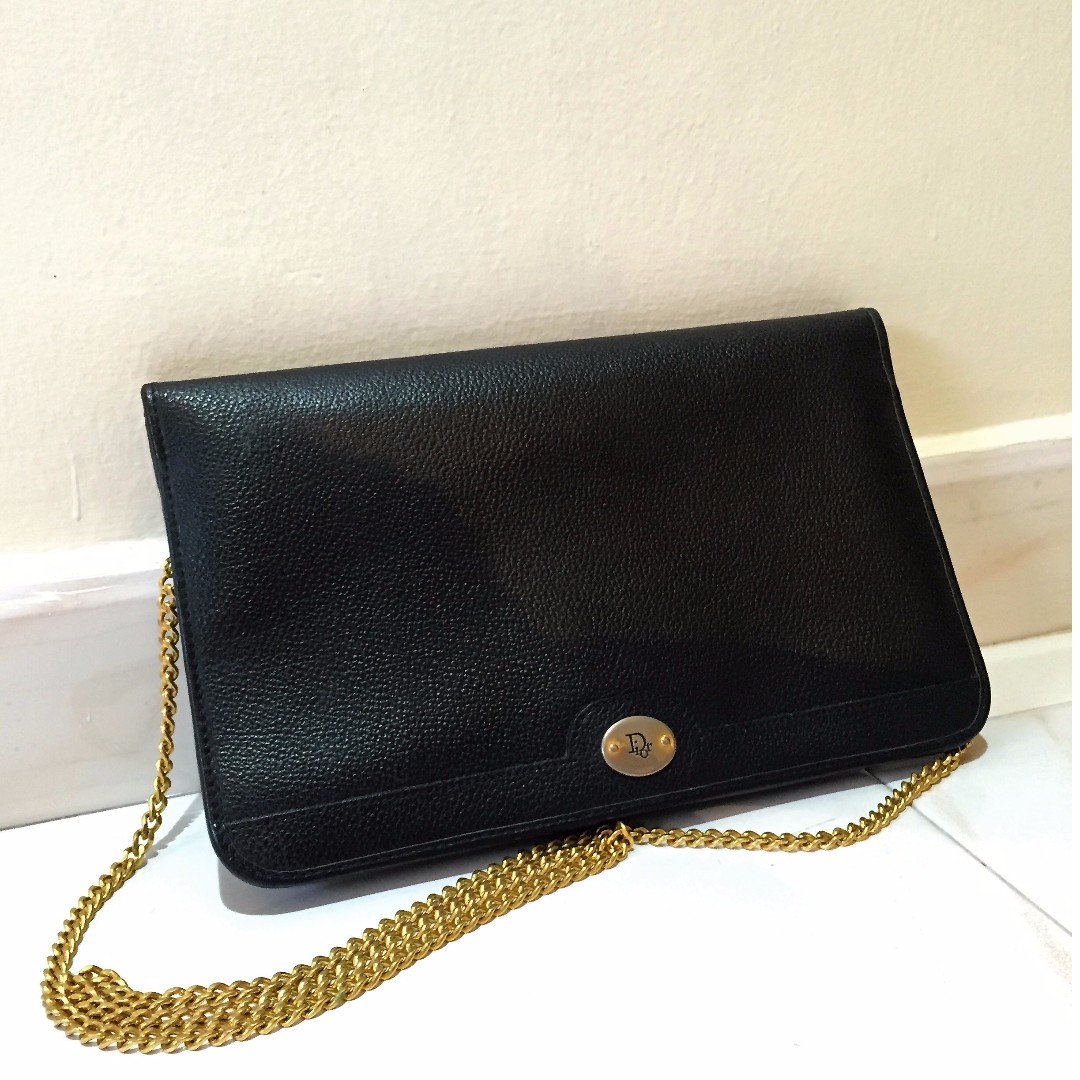 Christian Dior Vintage Black Leather Chain Strap Clutch Bag, Women's ...