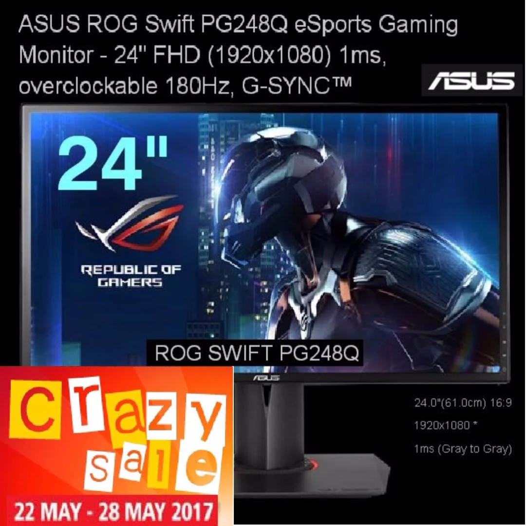 Asus 24 Rog Swift Pg248q Esports Gaming Monitor Fhd 1920x1080 1ms Overclockable 180hz G Sync Crazy Offer Sales Till 28 May 17 Hurry Grab It Quicker While Stock Last Electronics Computer Parts