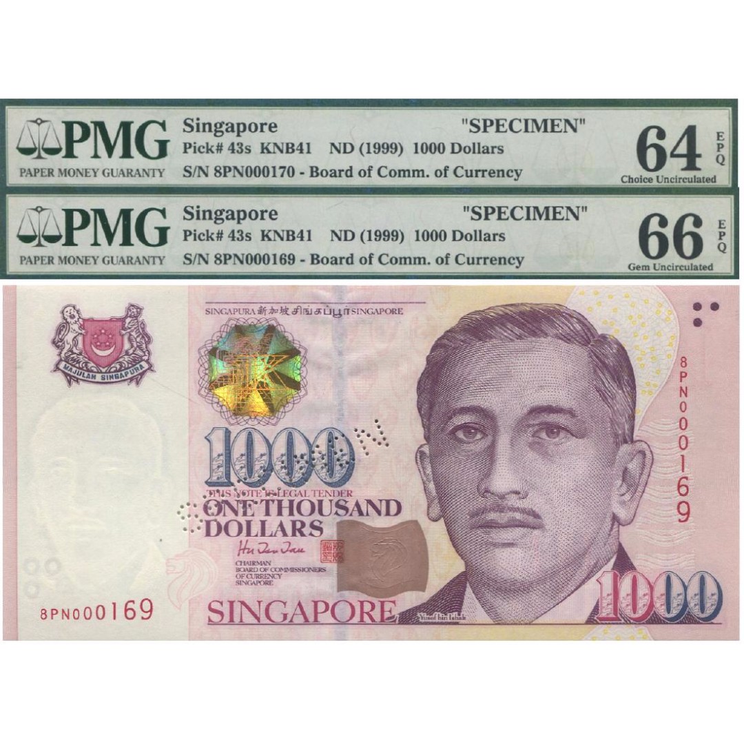 Singapore Portrait Specimen $1,000 Banknote PMG Graded 64, 66 EPQ ...