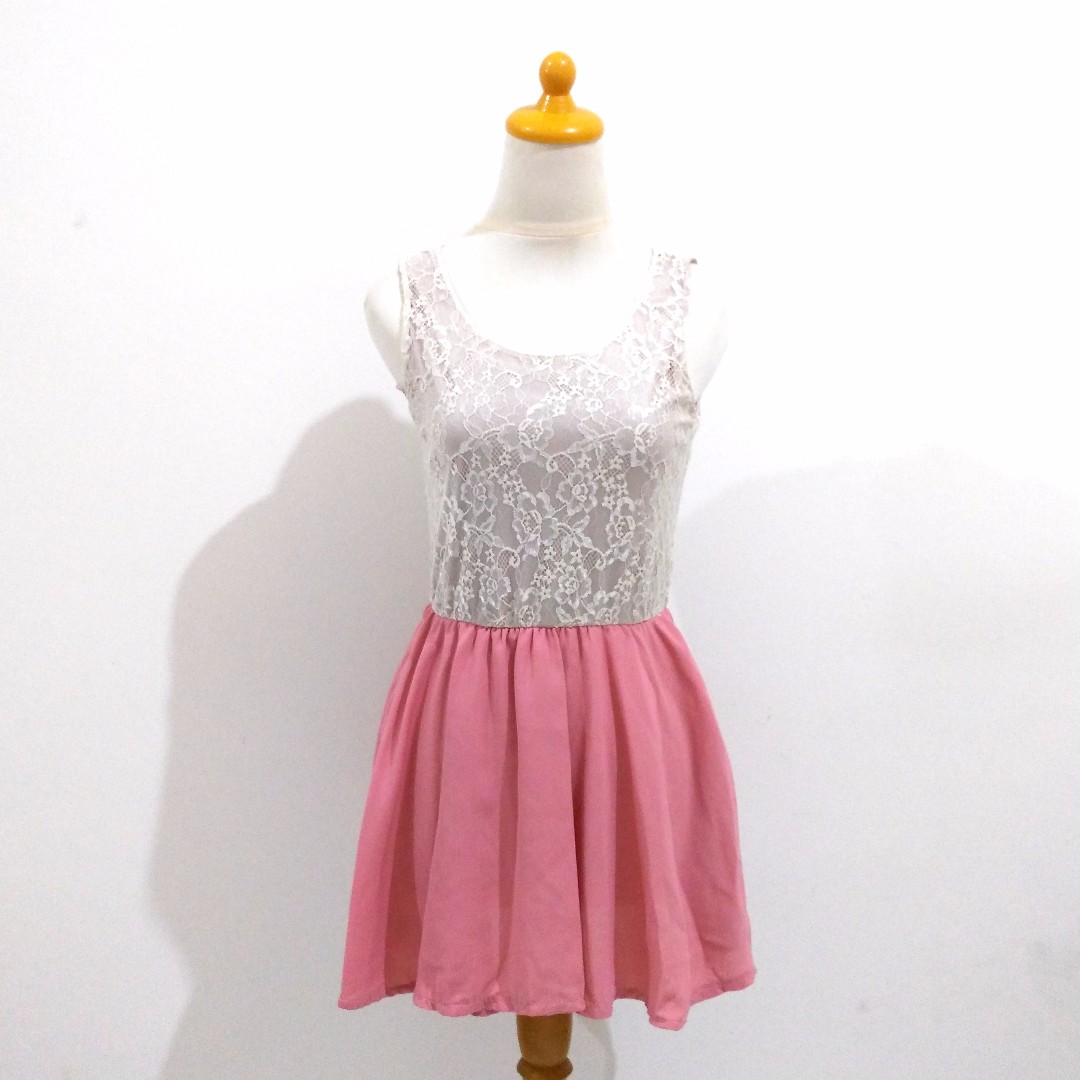 Sweet Dress Brokat Lace Renda Bunga Floral Rok Pink Cute Lucu Second