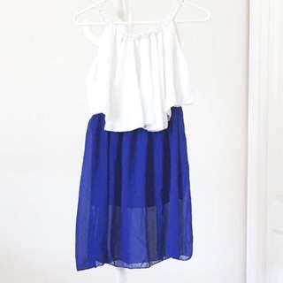 White & Blue Cold Shoulder Dress