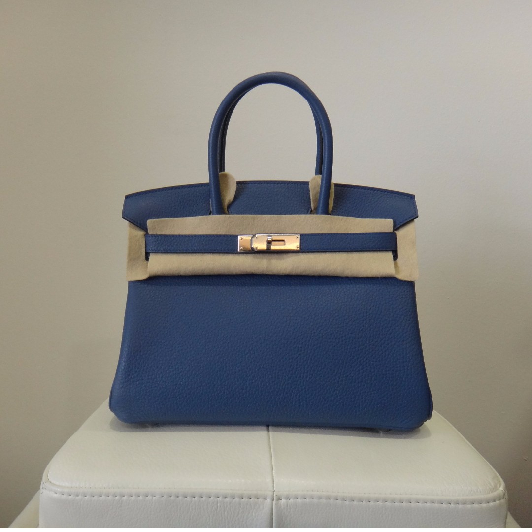 Hermes Birkin bag 30 Blue agate Clemence leather Gold hardware