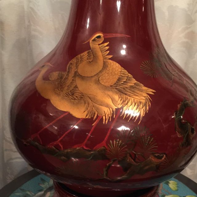 Vintage Chinese Red Lacquer Vases With Matching Base Vintage