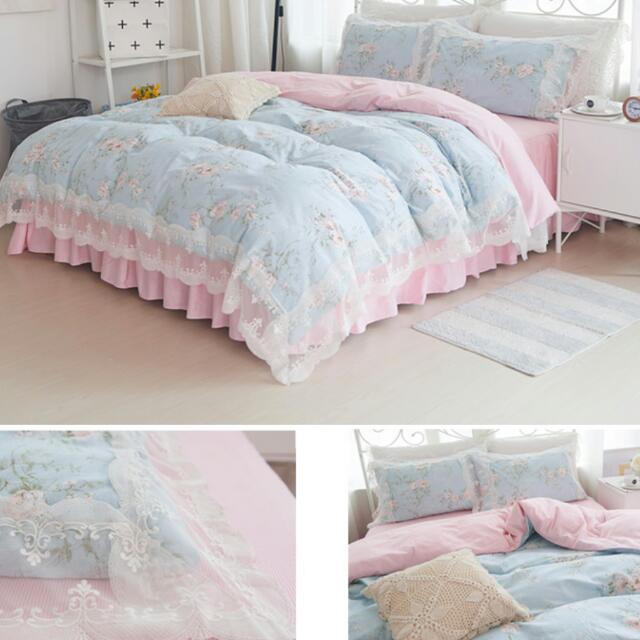Korean Cotton Princess Lace 4 Pcs Bedding Set Home Furniture