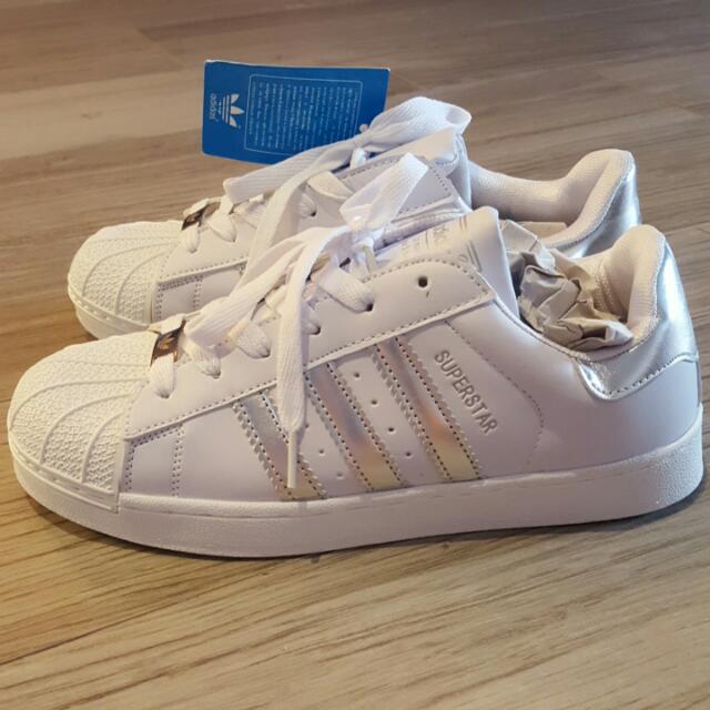 Adidas Women Superstar Shoes White with Silver Stripes Women s