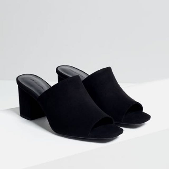 ZARA Black Suede Mules, Women's Fashion 