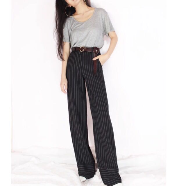 Black pinstripe wide leg pants clearance