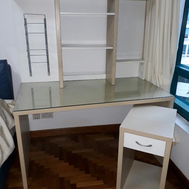 Ikea Study Table With Glass Top , With Book Shelves And Separate