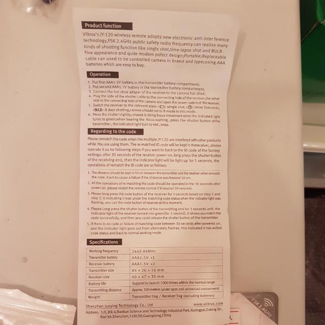Viltrox Wireless Remote Controller (Category: Batteries & Chargers) located in Singapore. Submitted by popeyex (Listing ID 111612902, Image 3). Description: .