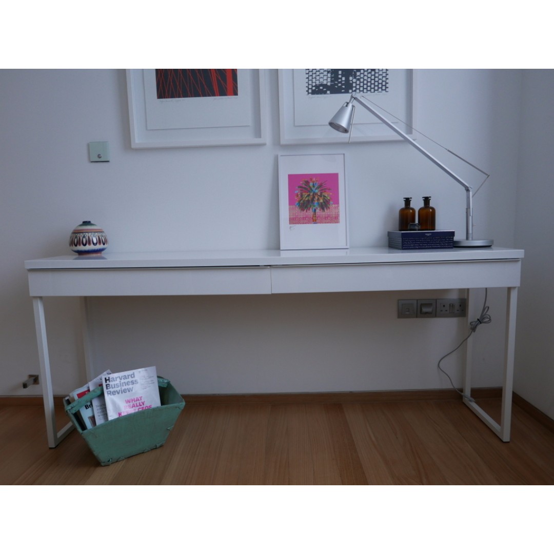 Wide Desk Ikea Besta Burs High Gloss White With 2 Drawers