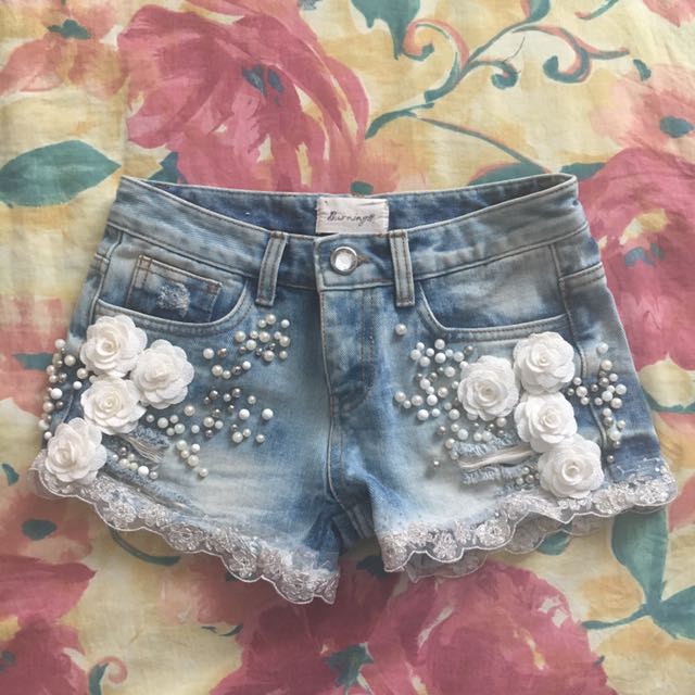Embellished denim shorts