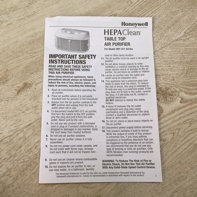 Honeywell HHT011 Hepa Clean Compact Air Purifier, TV & Home Appliances