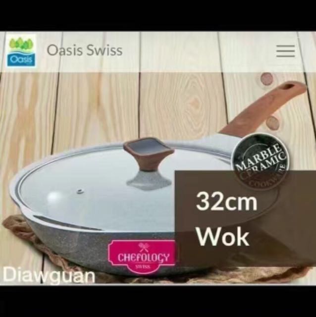 Chefology Marble Ceramic Cookware 32cm Wok With Lid Home Appliances On Carousell