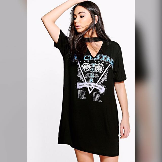 Boohoo Eve Choker Detail Printed Band T Shirt Dress Women s Fashion Tops Sleeveless on Carousell