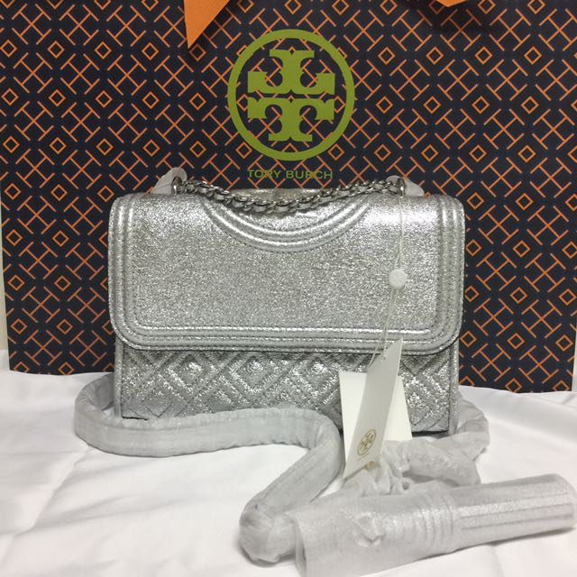 Tory Burch Fleming Convertible Shoulder Bag Medium Silver Maple