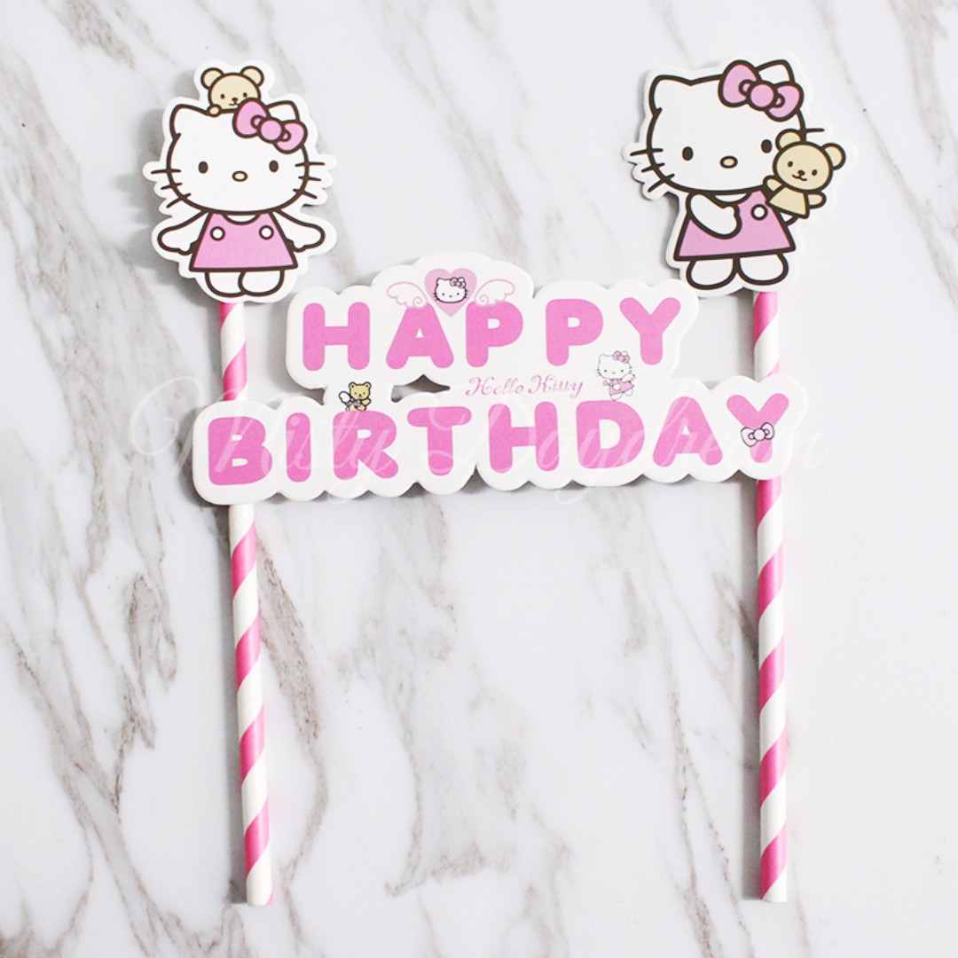 Hello Kitty Happy Birthday Pink Striped Straw Cake Topper