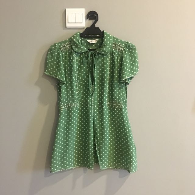 Topshop Dusty Green Cream Polka Dot Peterpan Collar Tie Neckline