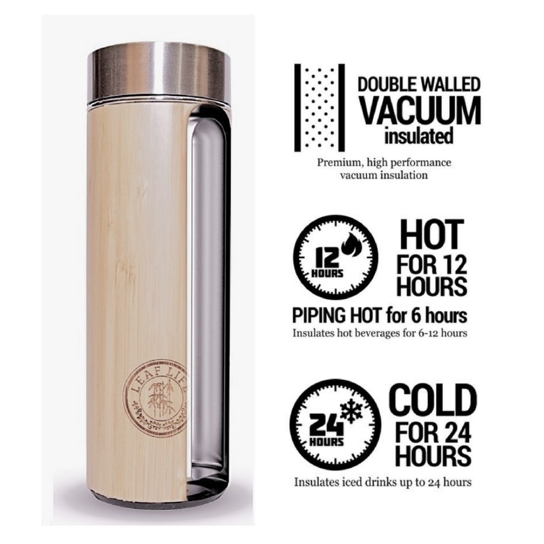 Leaf Life Premium 17 oz Bamboo Tumbler Thermos with Tea Infuser and  Strainer