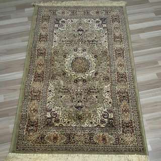 Soft Cotton-Silk Rug With Traditional Motifs In Pale Olive Green Colour