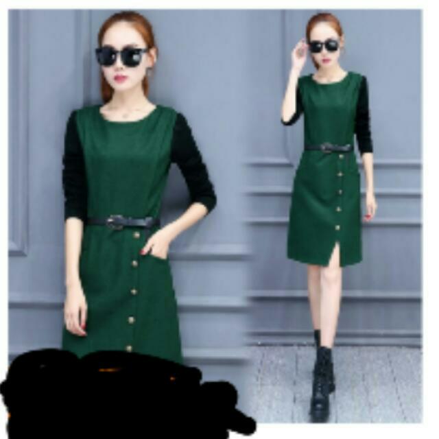 Bn Cheap Korean Korea Formal Work Office Lady Ol Stylish Cool Dark Army Green Dress Long Mid Sleeve With Belt Fake Buttons Pinafore Like Accentuate Waist Wear Women S Fashion Clothes Dresses